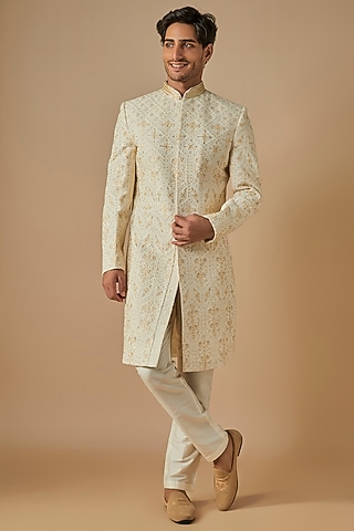 Cream Chikankari Hand & Machine Embroidered Sherwani Set by SVEN SUITS