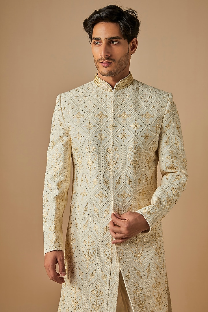 Cream Chikankari Hand & Machine Embroidered Wedding Sherwani Set by SVEN SUITS at Pernia's Pop Up Shop