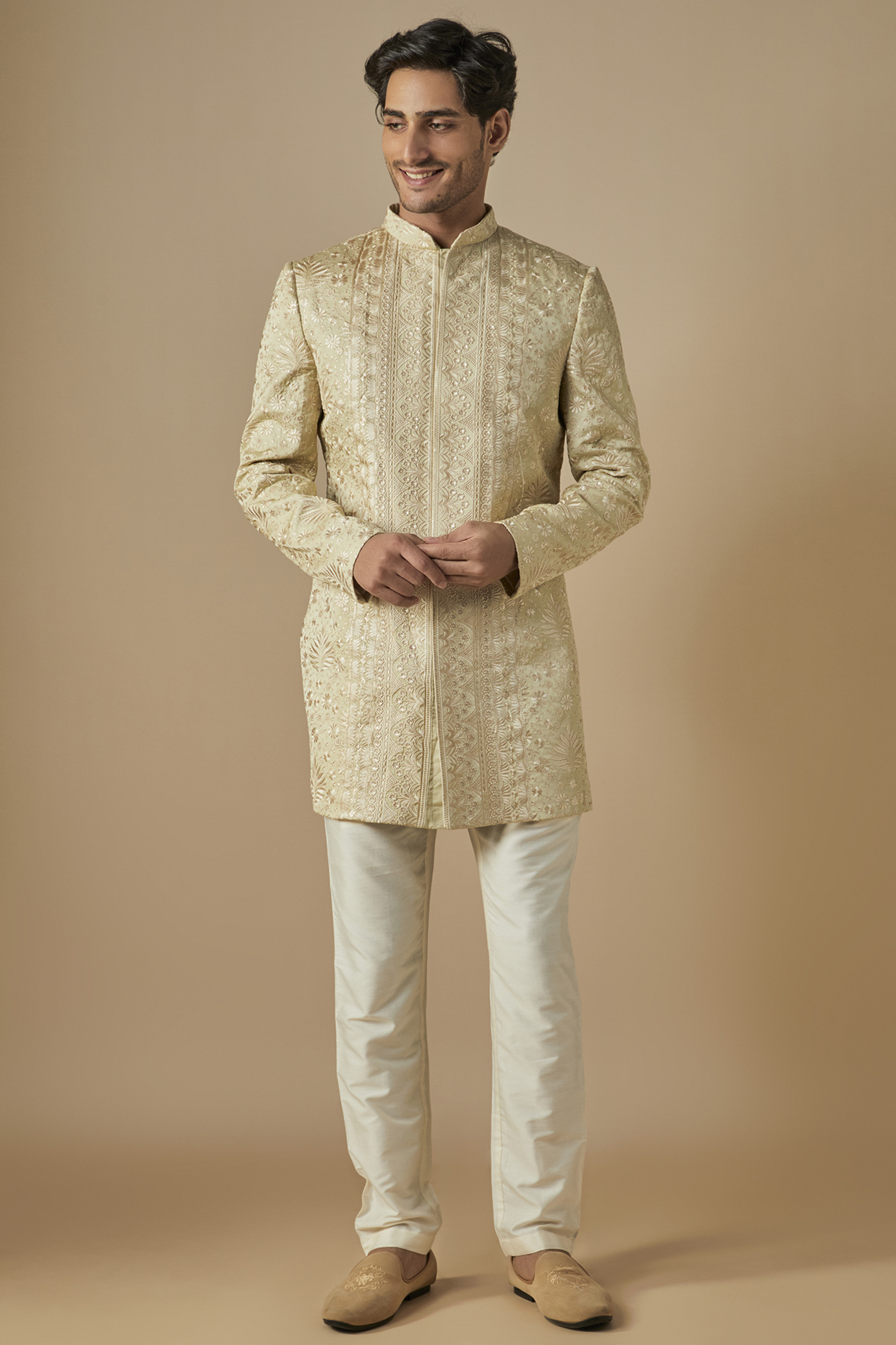 Green & Gold Silk Satin Thread Embroidered Kurta Set by SVEN SUITS at Pernia's Pop Up Shop