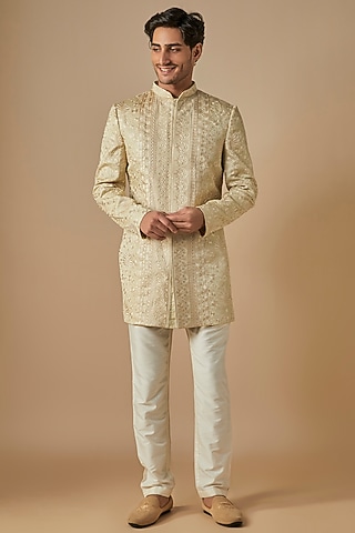 Green & Gold Silk Satin Thread Embroidered Kurta Set by SVEN SUITS
