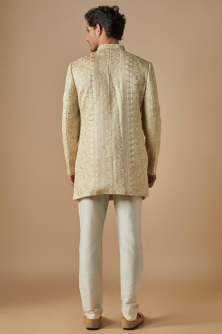 Green & Gold Silk Satin Thread Embroidered Kurta Set by SVEN SUITS at Pernia's Pop Up Shop