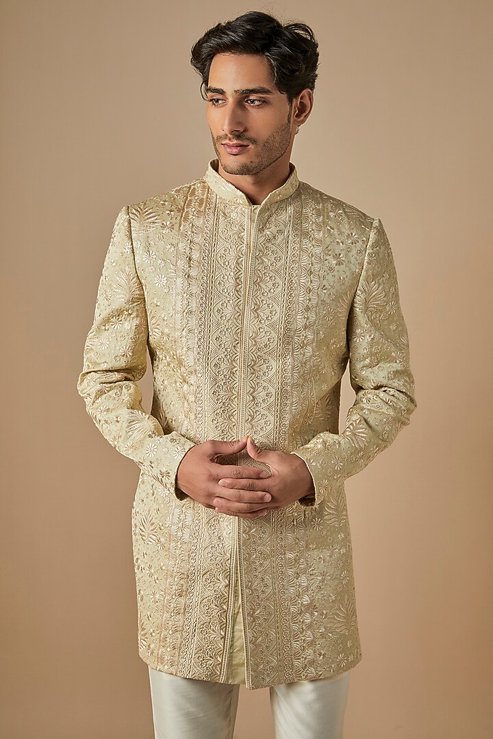 Green & Gold Silk Satin Thread Embroidered Kurta Set by SVEN SUITS at Pernia's Pop Up Shop