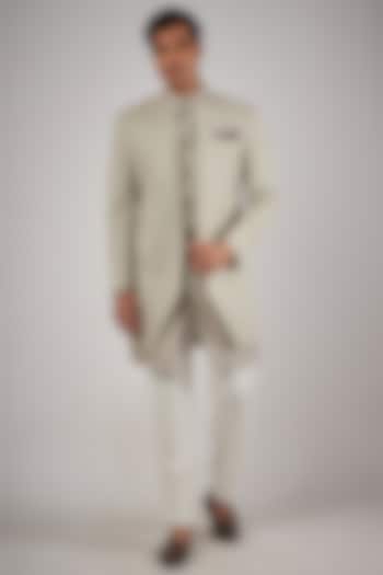 Sage Green Faux Silk Sequins Embroidered Wedding Indowestern Set by SVEN SUITS at Pernia's Pop Up Shop