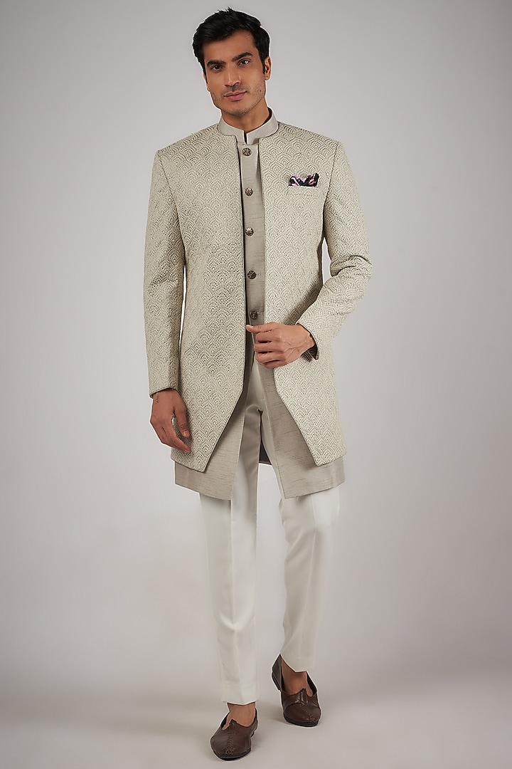 Sage Green Faux Silk Sequins Embroidered Wedding Indowestern Set by SVEN SUITS at Pernia's Pop Up Shop