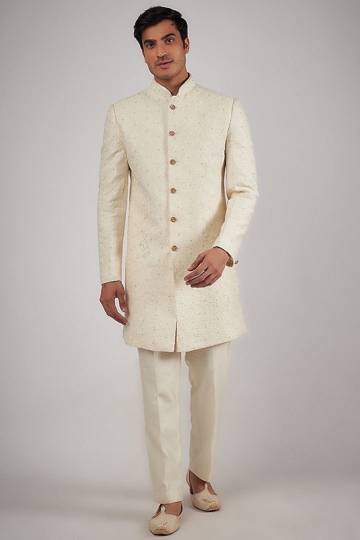 Ivory Silk Hand Embroidered Wedding Sherwani Set by SVEN SUITS at Pernia's Pop Up Shop
