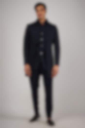 Navy Blue Suiting Japanese Cutdana Embroidered Wedding Indowestern Set by SVEN SUITS at Pernia's Pop Up Shop