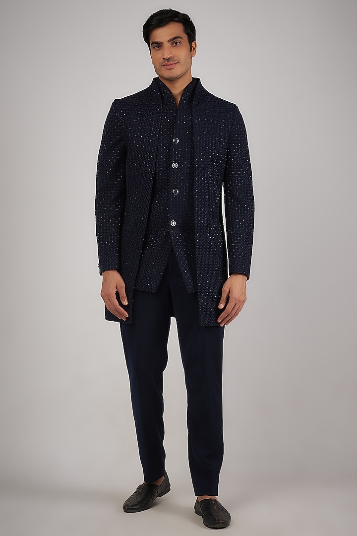 Navy Blue Suiting Japanese Cutdana Embroidered Wedding Indowestern Set by SVEN SUITS at Pernia's Pop Up Shop