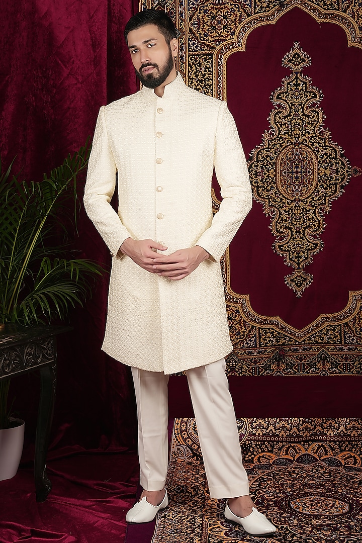 Vanilla Creme Faux Silk Sequins Embroidered Sherwani Set by SVEN SUITS