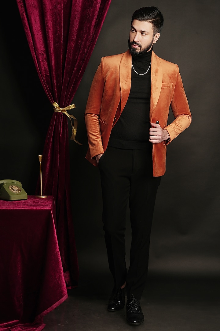 Sunset Orange Velvet Tuxedo Set by SVEN SUITS