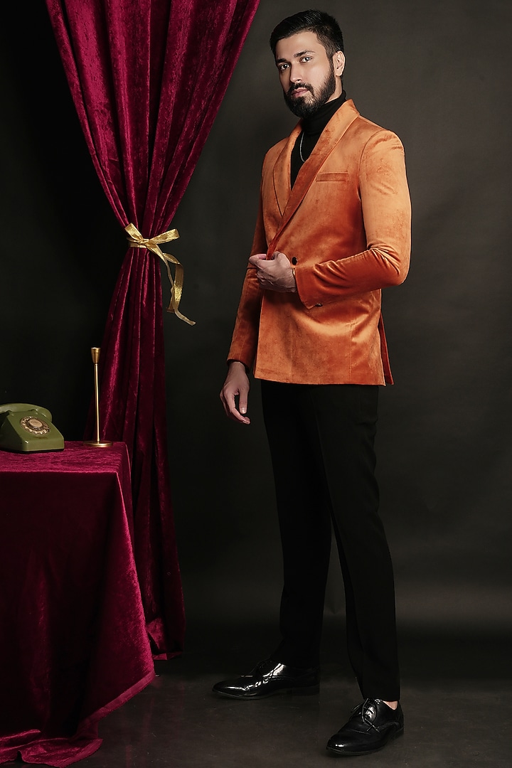 Sunset Orange Velvet Tuxedo Set by SVEN SUITS at Pernia's Pop Up Shop