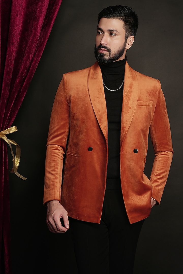 Sunset Orange Velvet Tuxedo Set by SVEN SUITS at Pernia's Pop Up Shop