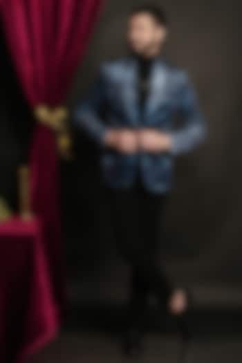 Midnight Blue Velvet Abstract Printed Tuxedo Set by SVEN SUITS at Pernia's Pop Up Shop
