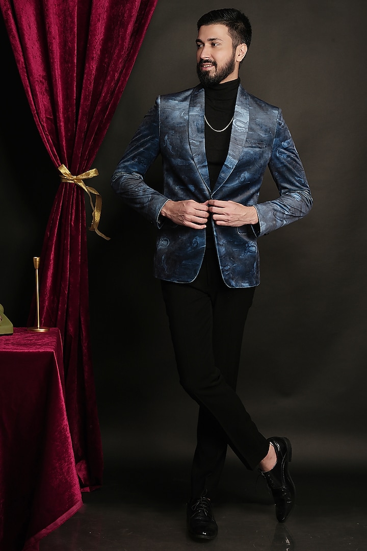 Midnight Blue Velvet Abstract Printed Tuxedo Set by SVEN SUITS at Pernia's Pop Up Shop