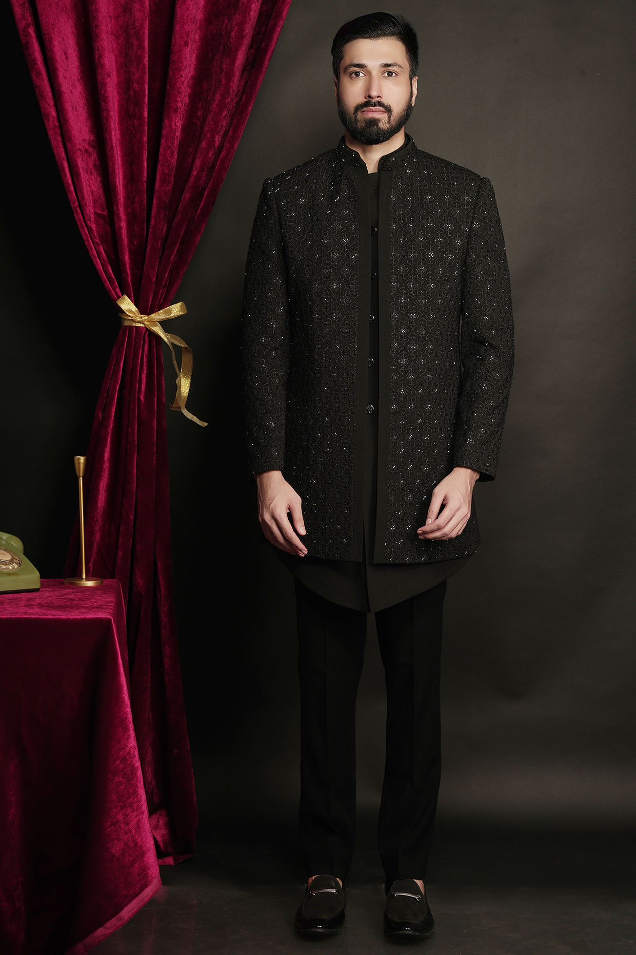 Black Polyester Viscose Embroidered Indo Western Set by SVEN SUITS