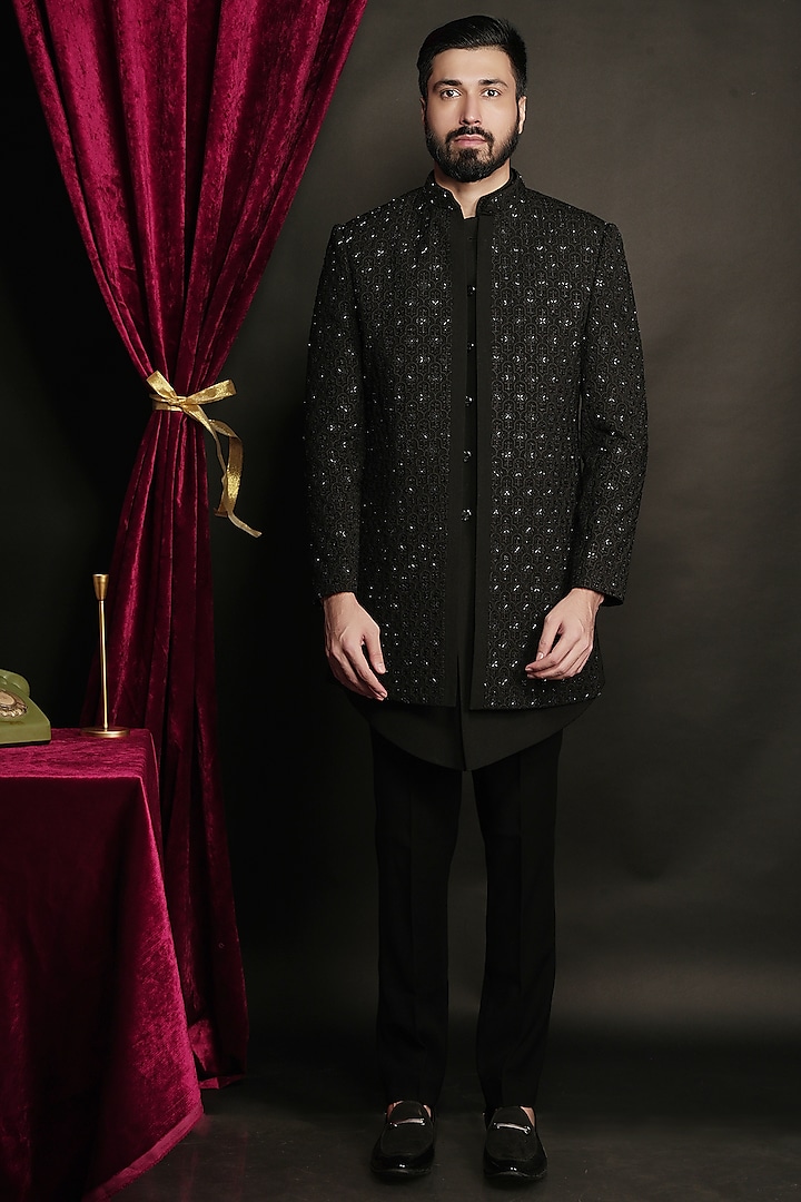 Black Polyester Viscose Embroidered Indo Western Set by SVEN SUITS