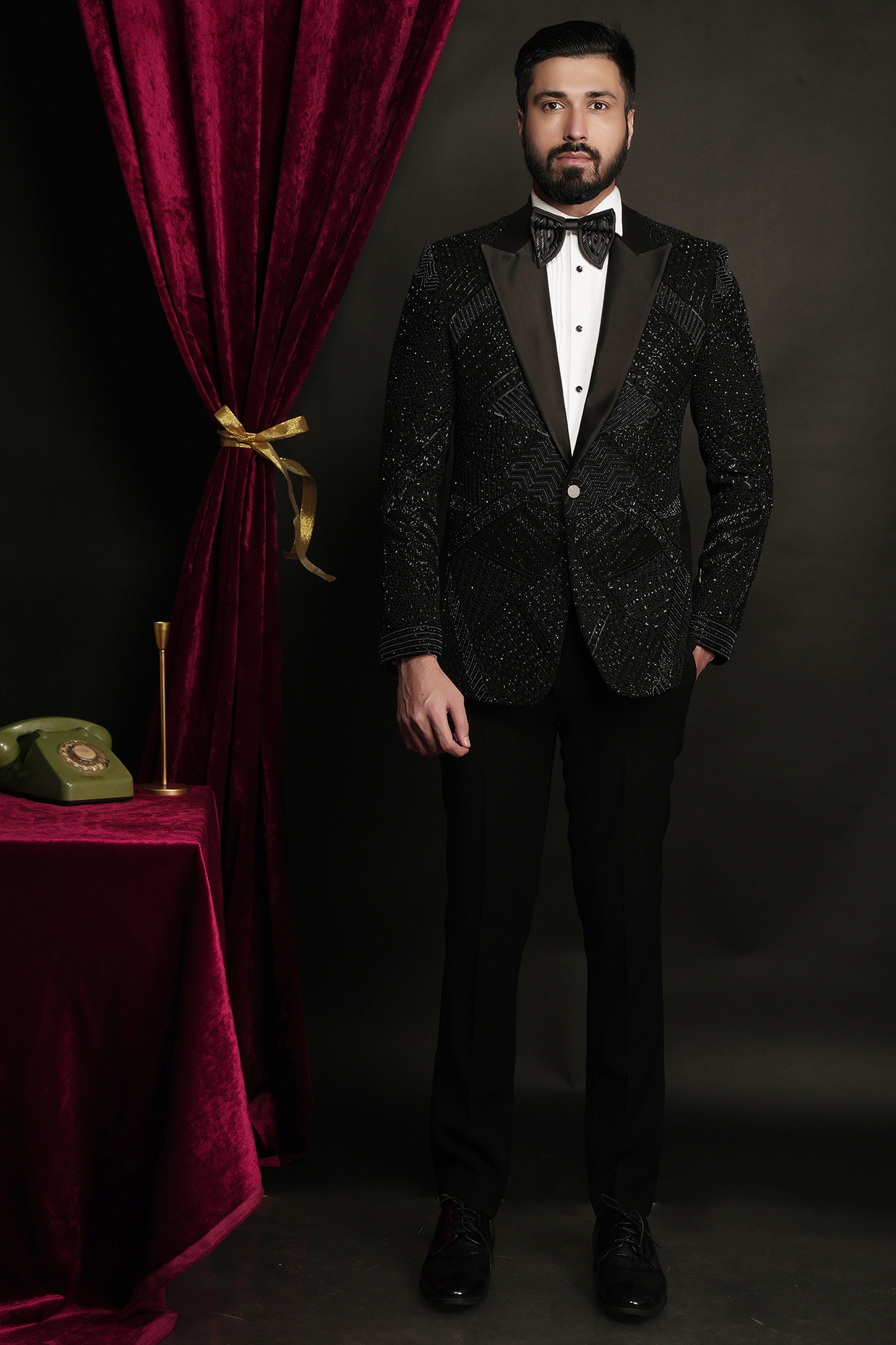 Black Polyester Viscose Sequins Embroidered Tuxedo Set by SVEN SUITS