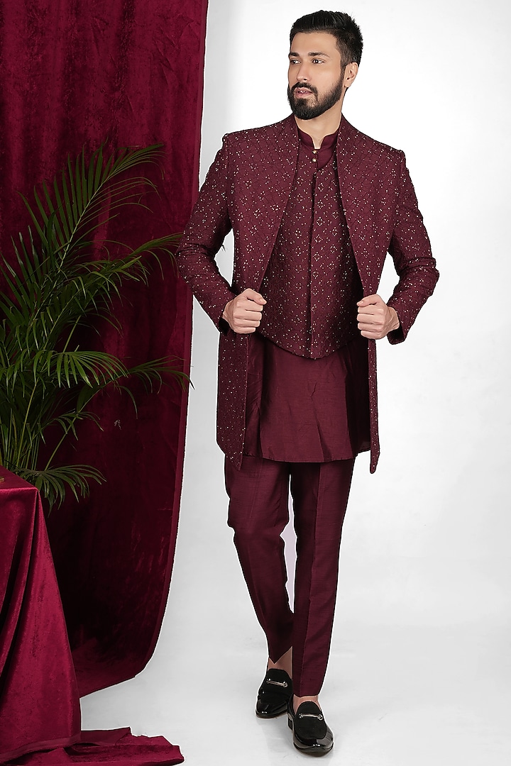 WIne Red Faux Silk  Embroidered Indowestern Set by SVEN SUITS