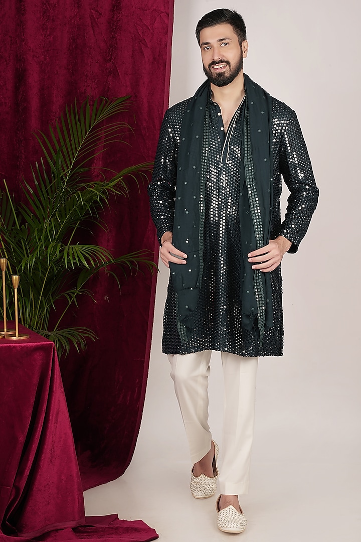 Teal Green Faux Silk Embroidered Kurta Set by SVEN SUITS