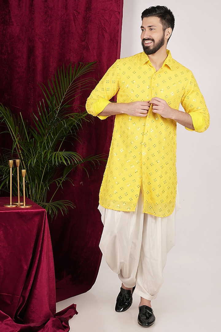 Yellow Georgette Embroidered Kurta set by SVEN SUITS at Pernia's Pop Up Shop