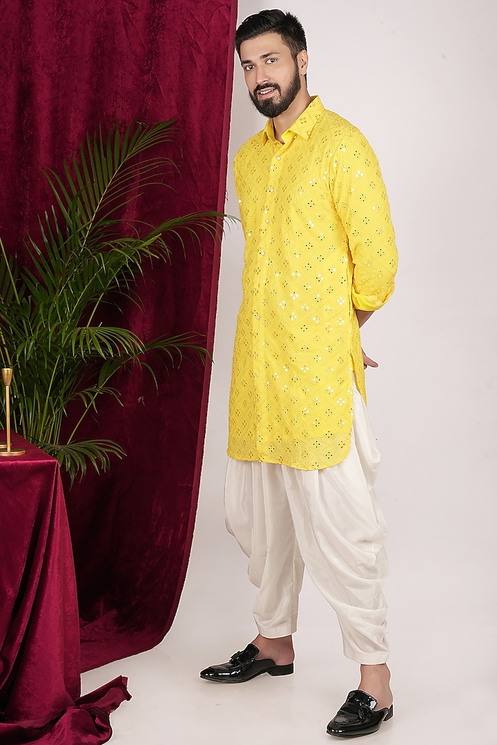 Yellow Georgette Embroidered Kurta set by SVEN SUITS at Pernia's Pop Up Shop