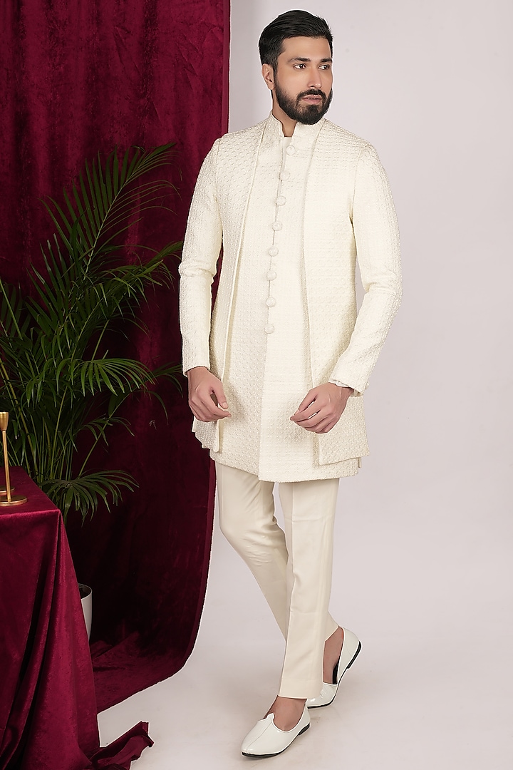 Vanilla Faux Silk Embroidered Sherwani Set by SVEN SUITS