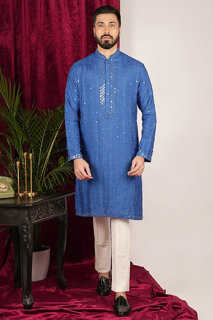 Blue Faux Silk Embroidered Kurta Set by SVEN SUITS