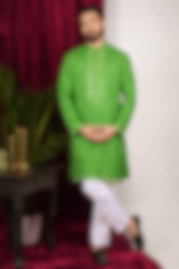 Bright Green Faux Silk Embroidered Kurta Set by SVEN SUITS