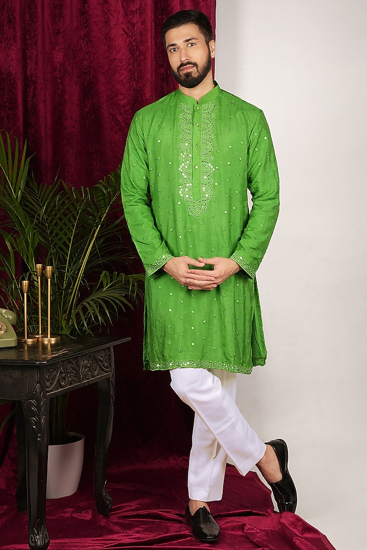 Bright Green Faux Silk Embroidered Kurta Set by SVEN SUITS