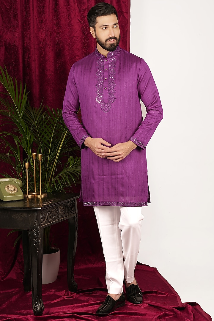 Purple Faux Tussar Silk Mirror Embroidered Kurta Set by SVEN SUITS