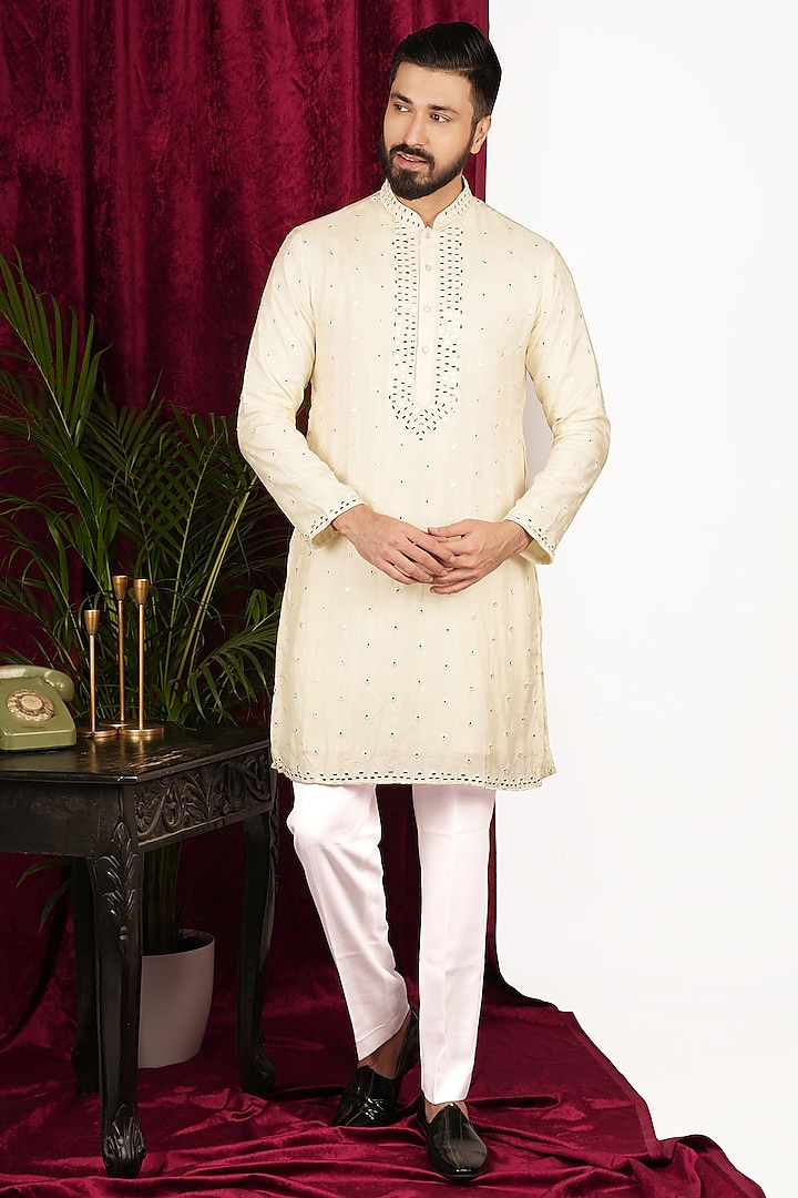 Cream Faux Silk Geometric Embroidered Kurta Set by SVEN SUITS