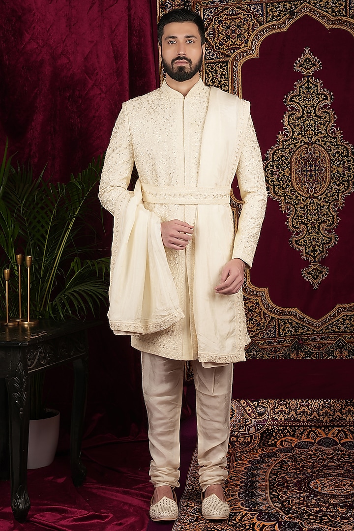 Ivory Raw Silk Embroidered Sherwani Set by SVEN SUITS