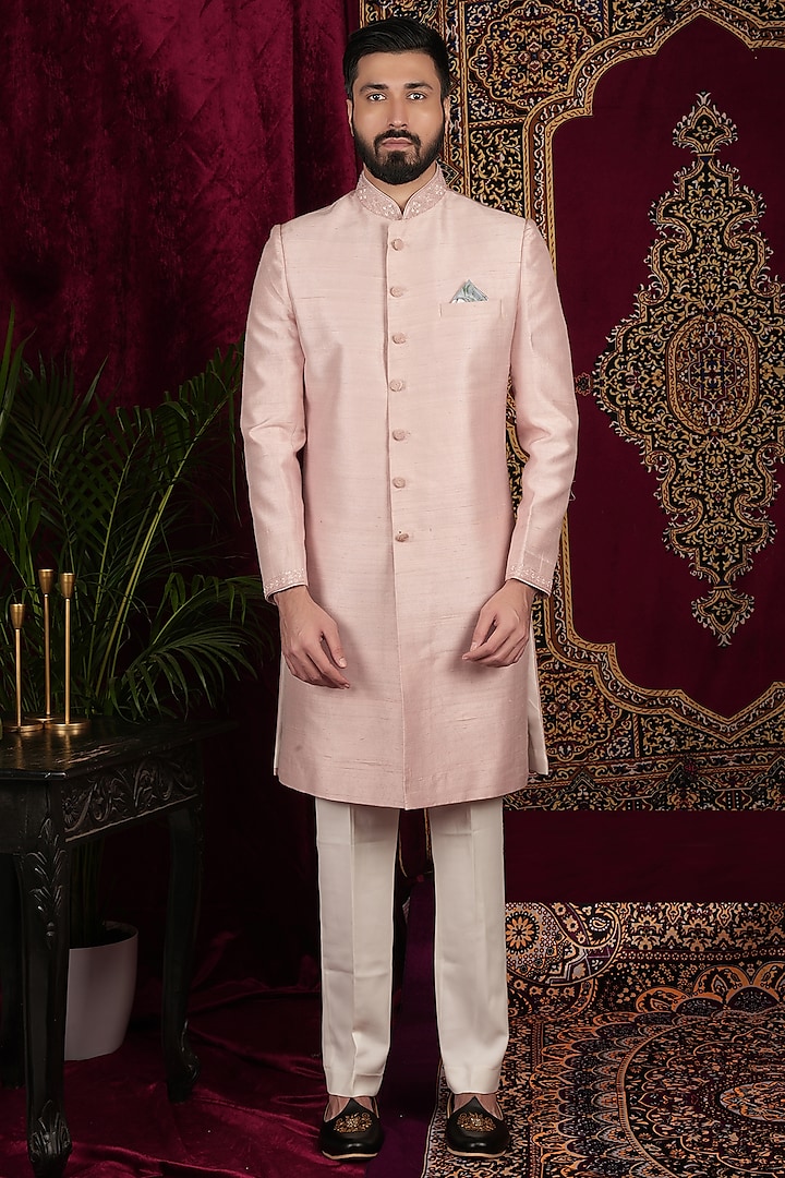Blush Pink Raw Silk Sherwani Set by SVEN SUITS