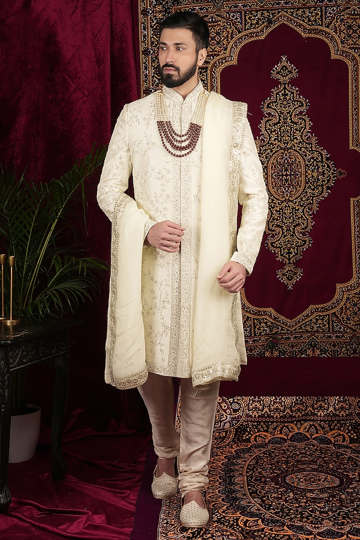 Ivory Silk Embroidered Sherwani Set by SVEN SUITS