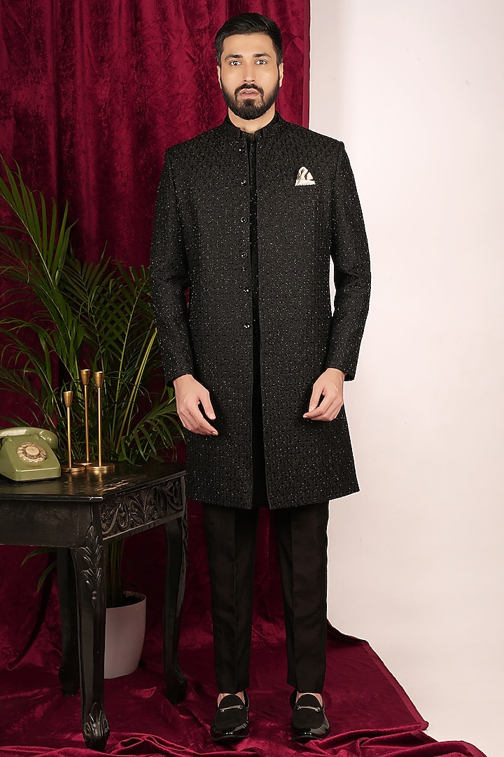Black Silk Thread Embroidered Indowestern Set by SVEN SUITS