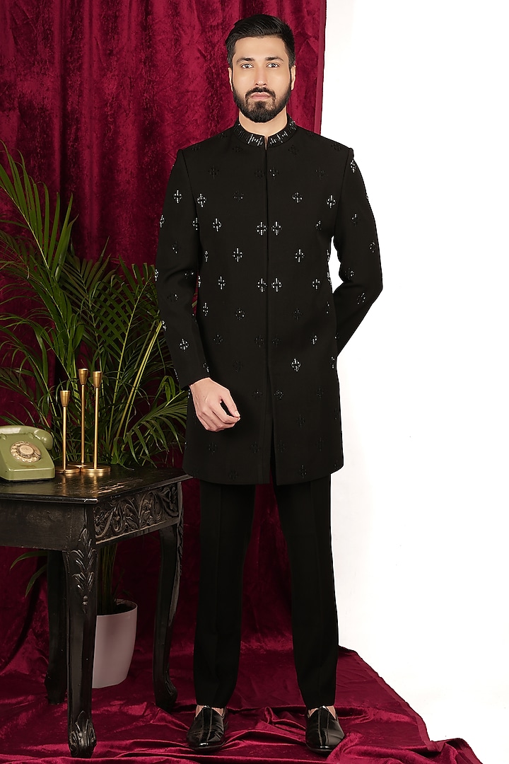 Black Polyester Stretch Embroidered Indowestern Set by SVEN SUITS