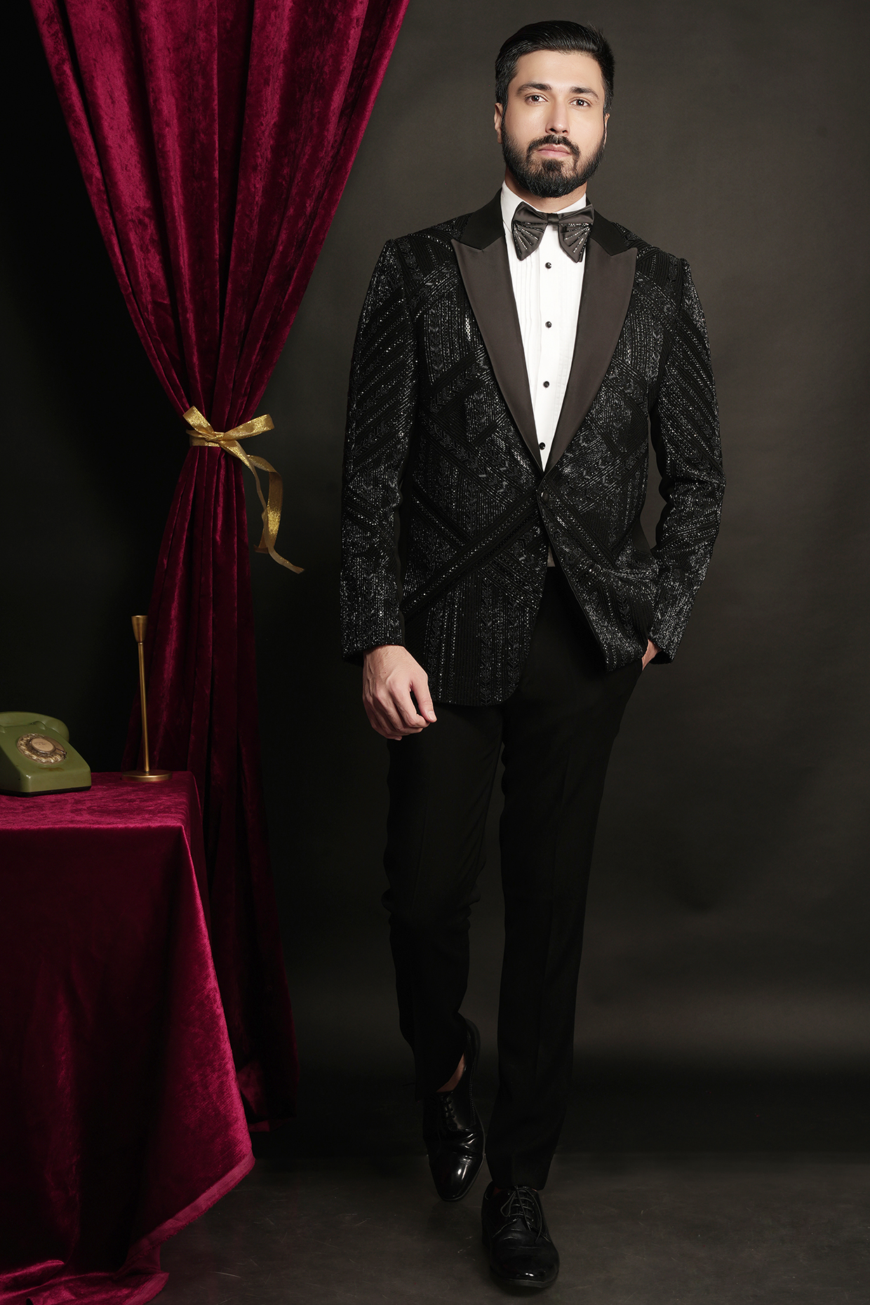 Black Polyester Viscose Embroidered Tuxedo Set by SVEN SUITS