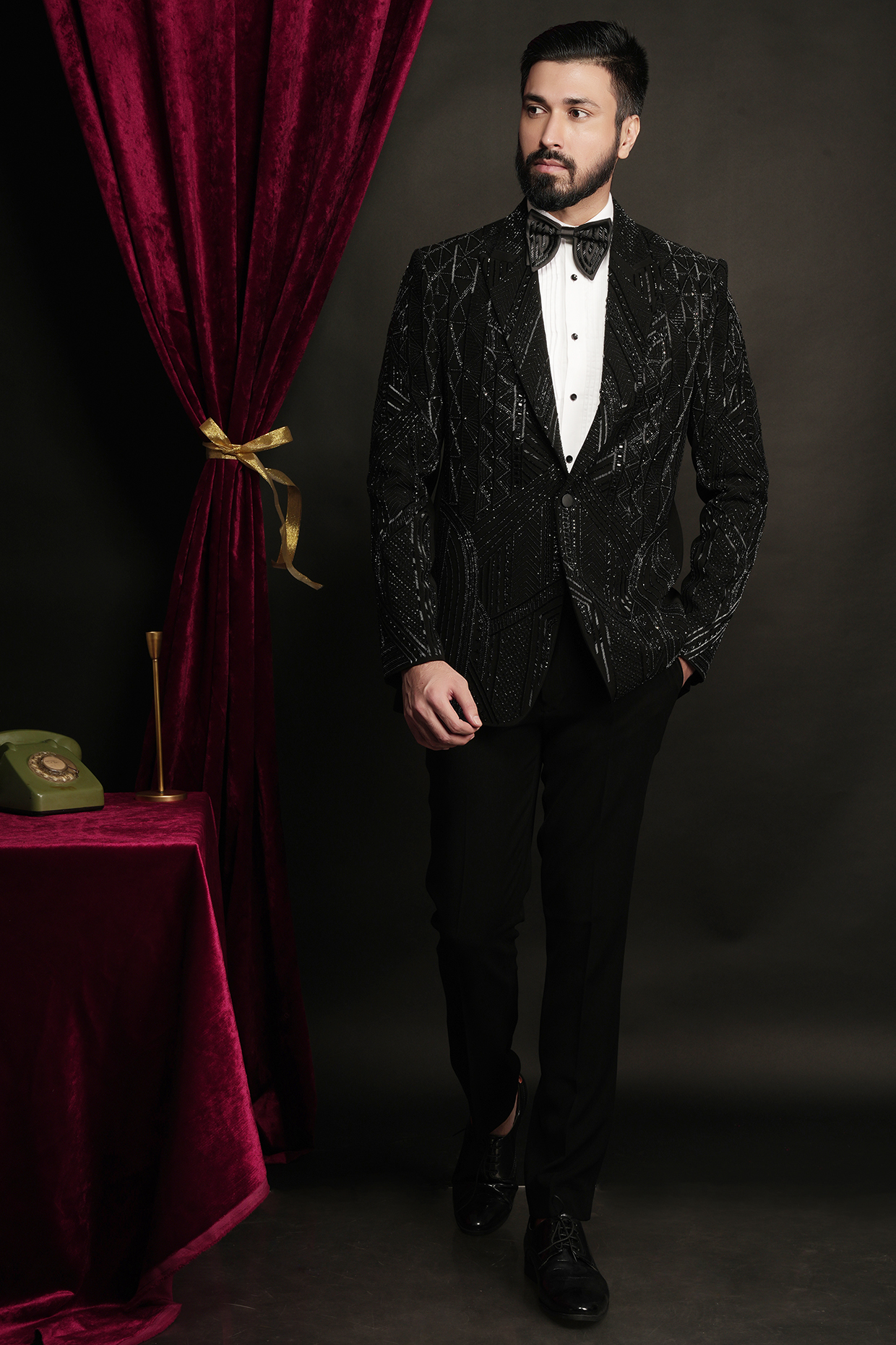 Black Polyester Viscose Embroidered Tuxedo Set by SVEN SUITS
