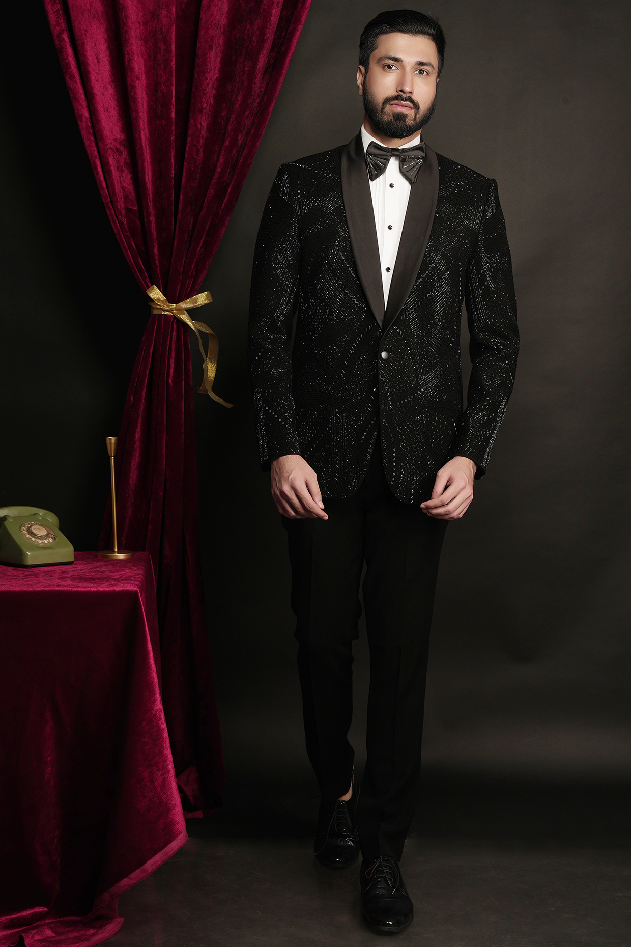 Black Polyester Viscose Embroidered Tuxedo Set by SVEN SUITS