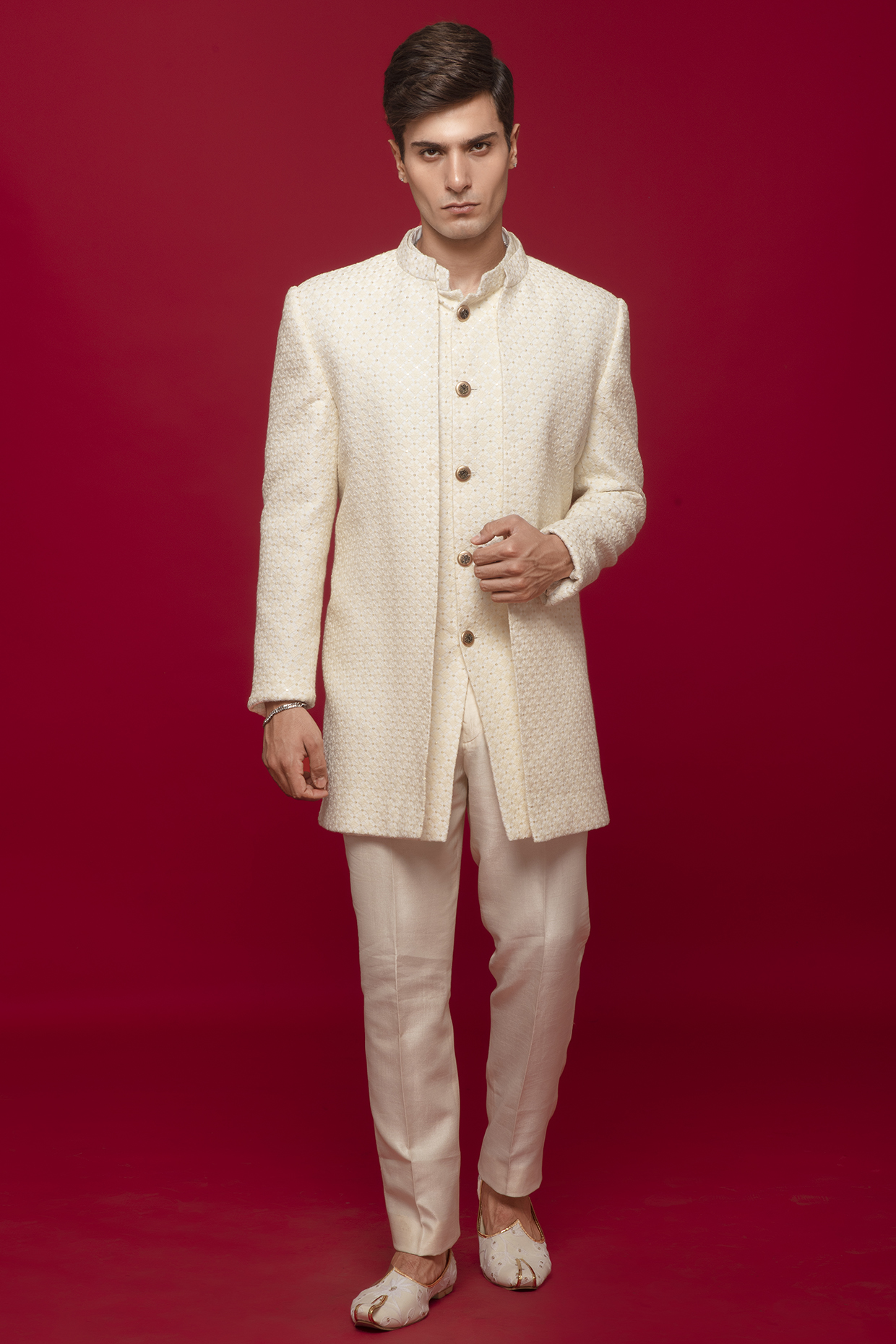Cream Georgette & Silk Layered Inowestern Set by SVEN SUITS at Pernia's Pop Up Shop