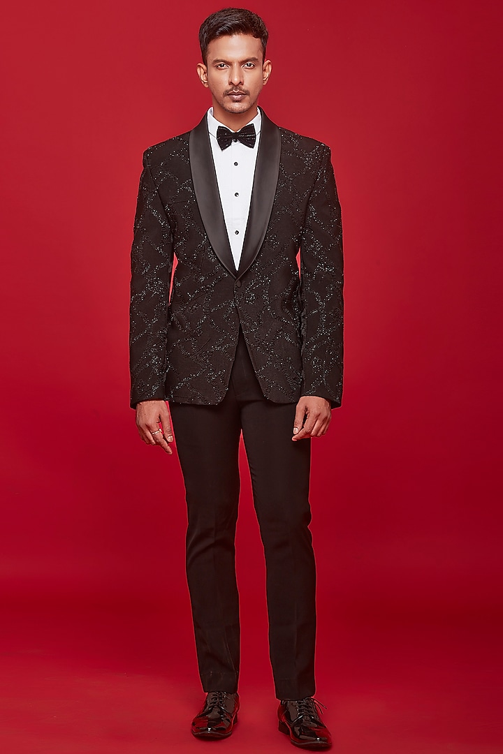 Black Polyester Viscose Graffiti Embroidered Tuxedo Set by SVEN SUITS