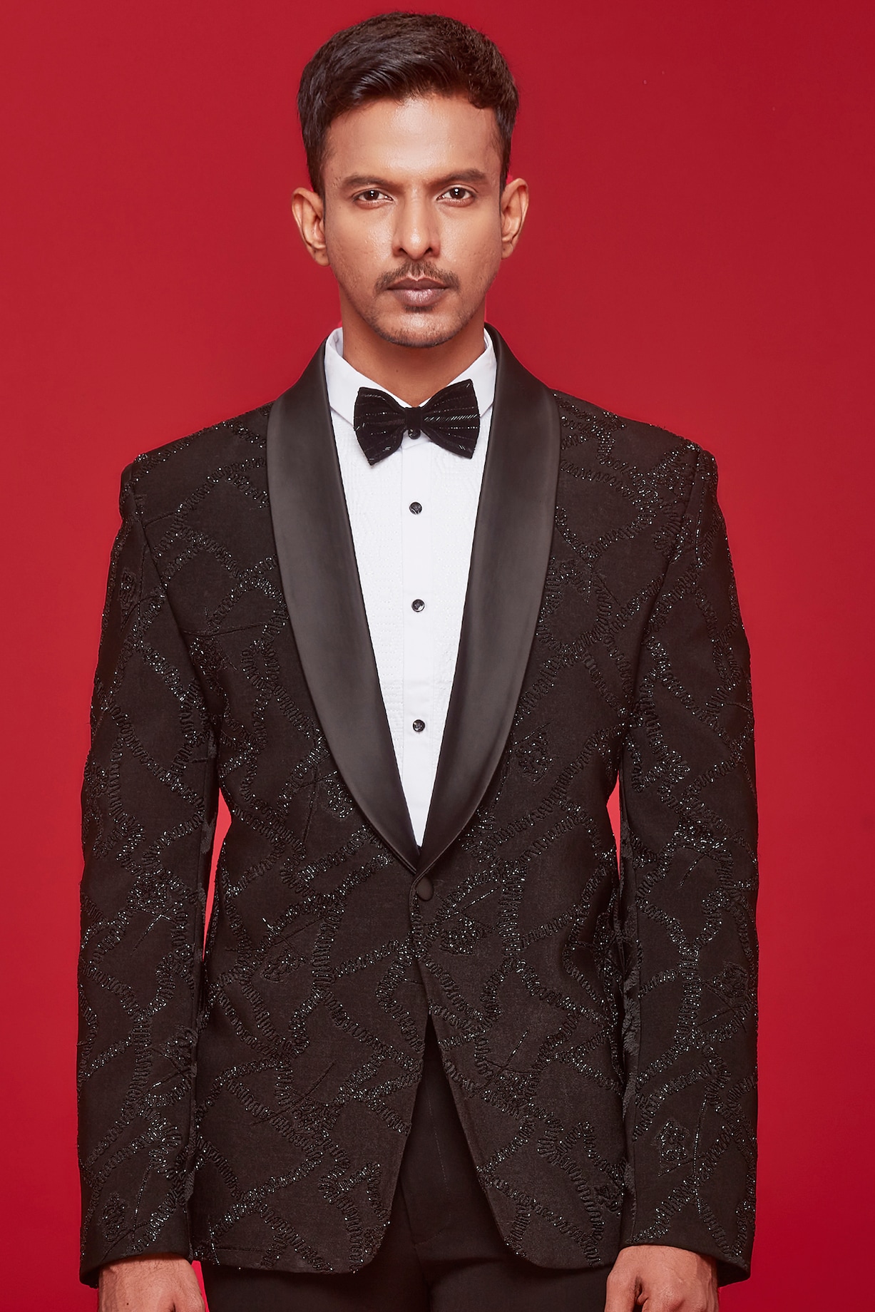 Black Polyester Viscose Graffiti Embroidered Tuxedo Set by SVEN