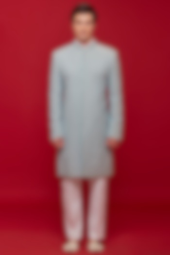 Powder Blue Georgette & Silk Embroidered Wedding Sherwani Set by SVEN SUITS at Pernia's Pop Up Shop