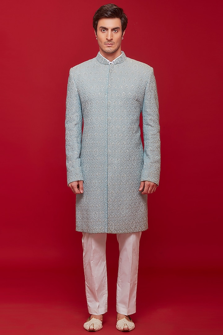 Powder Blue Georgette & Silk Embroidered Wedding Sherwani Set by SVEN SUITS at Pernia's Pop Up Shop
