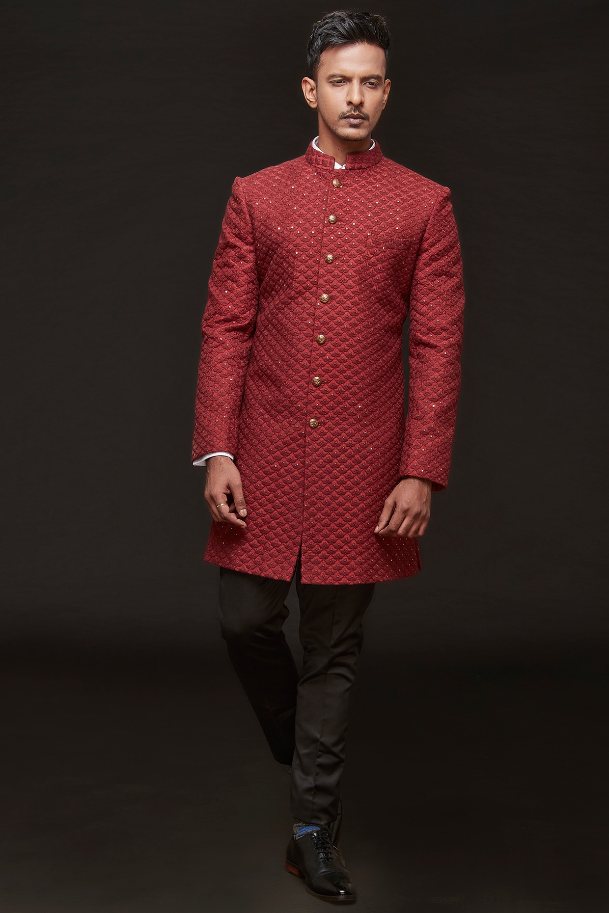 SVEN SUITS Wine Faux Silk Thread & Sequins Embroidered Sherwani Set