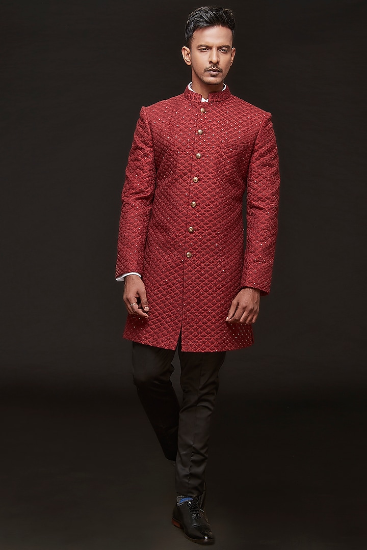 Wine Faux Silk Thread & Sequins Embroidered Sherwani Set by SVEN SUITS