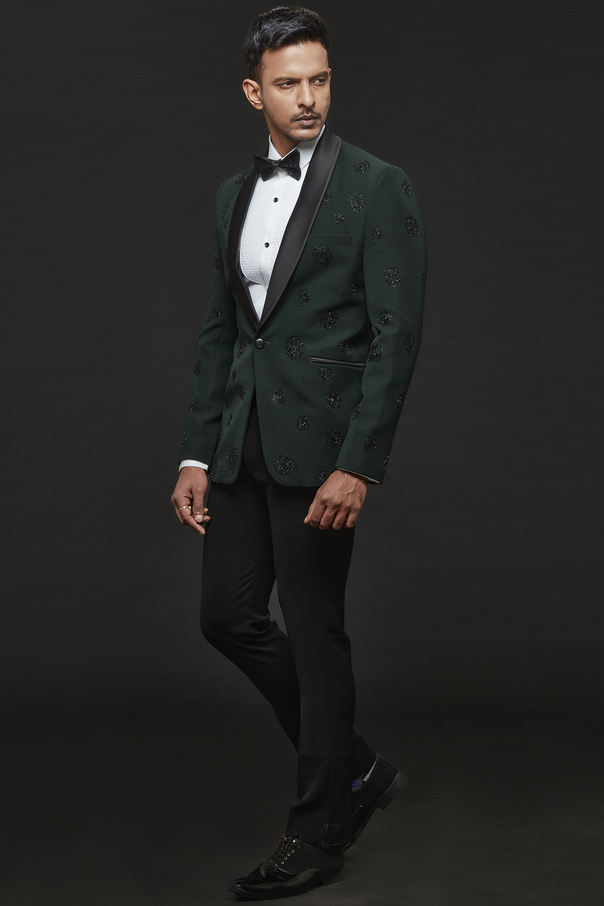 Green Stretch Polyester Blend Embroidered Tuxedo Set by SVEN SUITS at Pernia's Pop Up Shop
