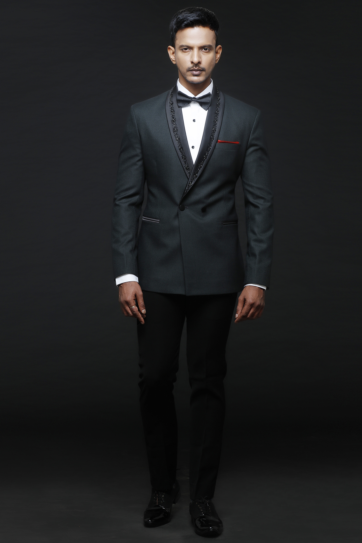 Teal Green Polyester Satin Stone Embellished Tuxedo Set by SVEN SUITS at Pernia's Pop Up Shop