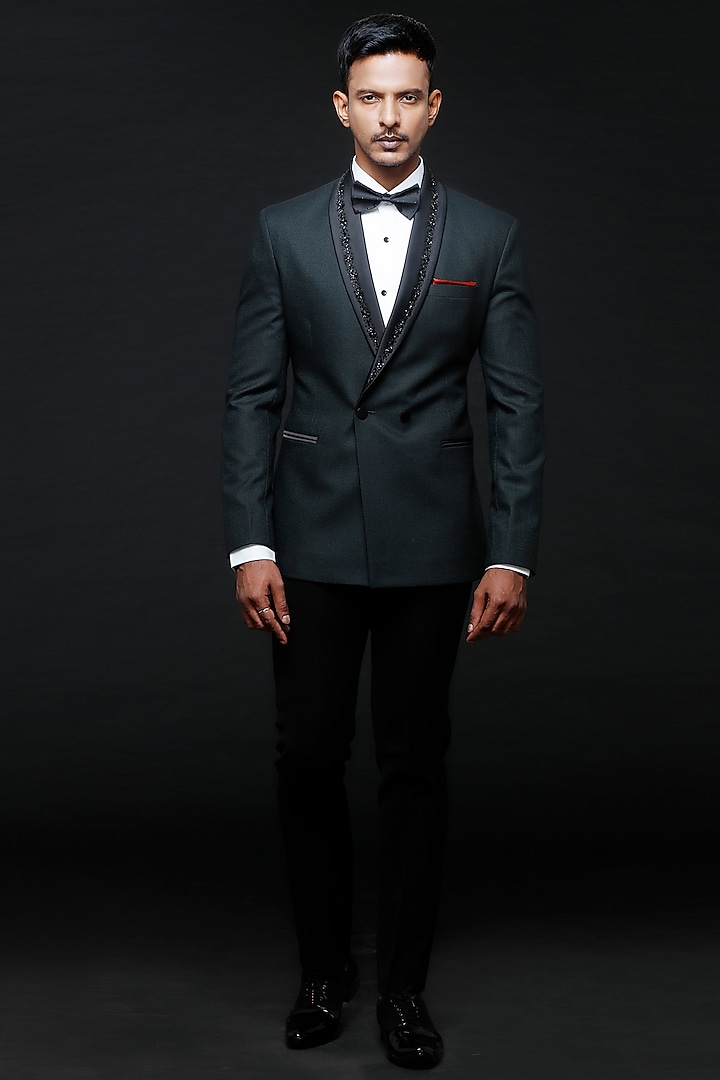 Teal Green Polyester Satin Stone Embellished Tuxedo Set by SVEN SUITS at Pernia's Pop Up Shop