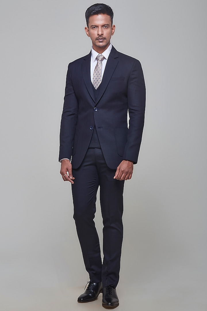 Navy Blue Poly Wool Blazer Set by SVEN SUITS at Pernia's Pop Up Shop