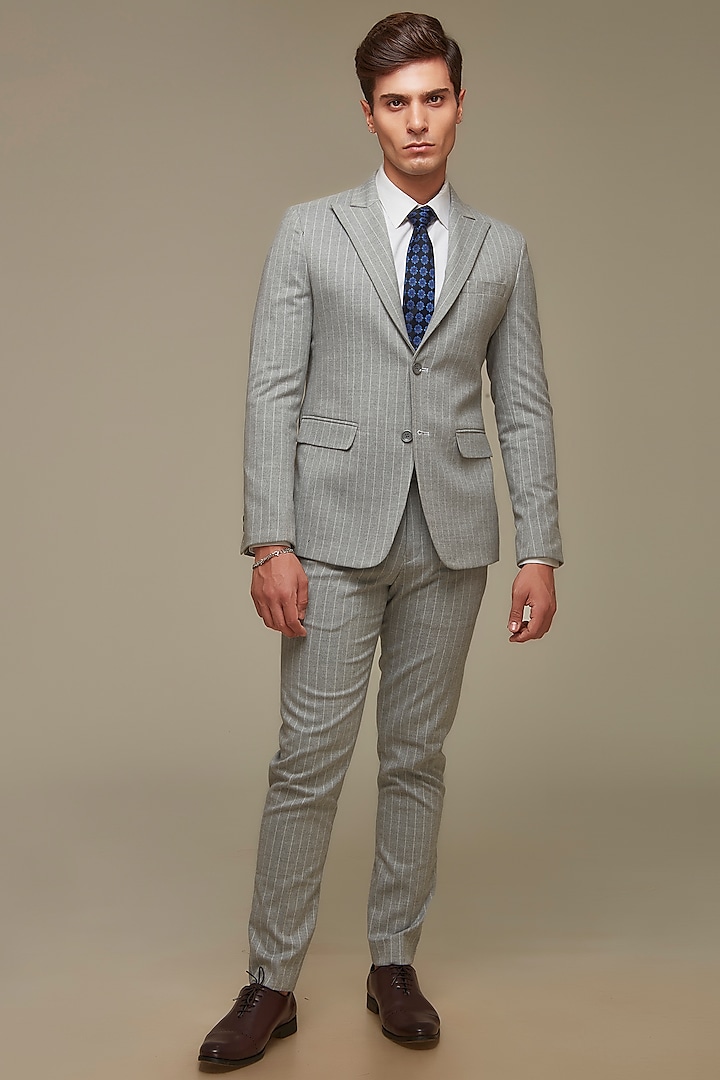 Grey Poly Wool Pinstriped Blazer Set by SVEN SUITS